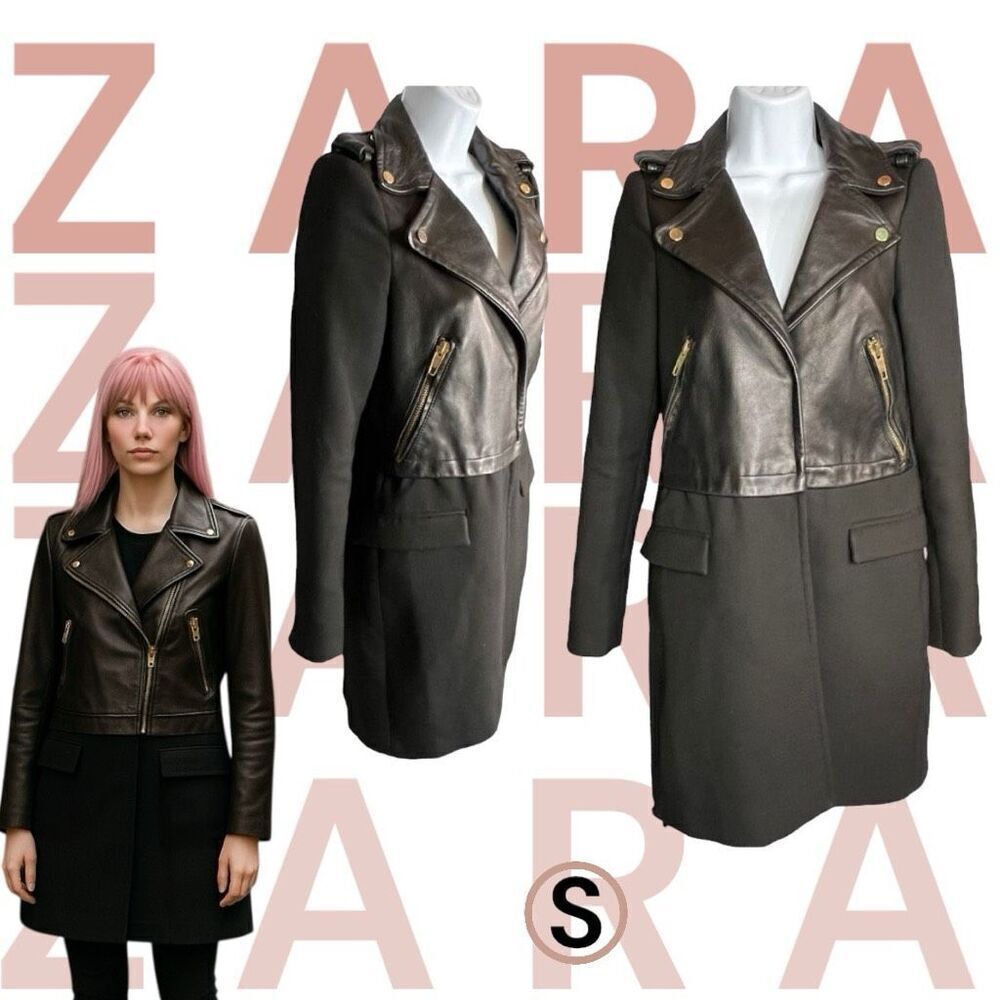 Zara coat Women's Black Lambskin Leather Biker Coat Jacket Size Small Rock Goth